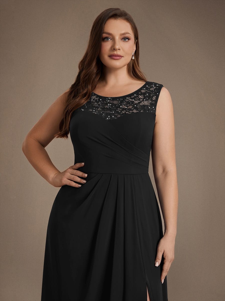 Chiffon with Tea Length, Round neckline, A-line, Sleeveless and wedding guest dress #color_Black