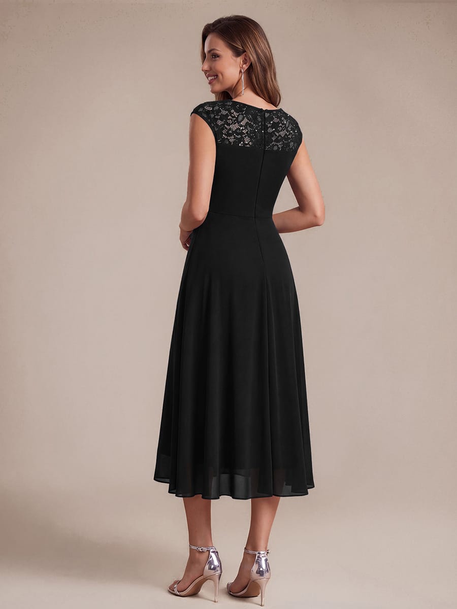 Chiffon with Tea Length, Round neckline, A-line, Sleeveless and wedding guest dress #color_Black
