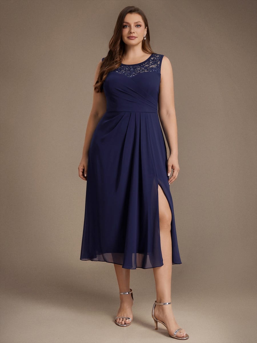 Chiffon with Tea Length, Round neckline, A-line, Sleeveless and wedding guest dress #color_Navy Blue