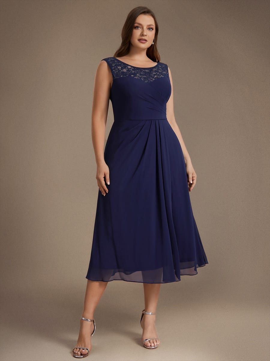 Chiffon with Tea Length, Round neckline, A-line, Sleeveless and wedding guest dress #color_Navy Blue