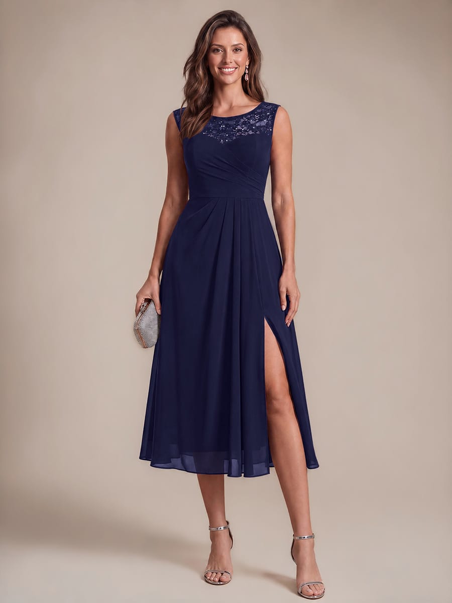 Chiffon with Tea Length, Round neckline, A-line, Sleeveless and wedding guest dress #color_Navy Blue