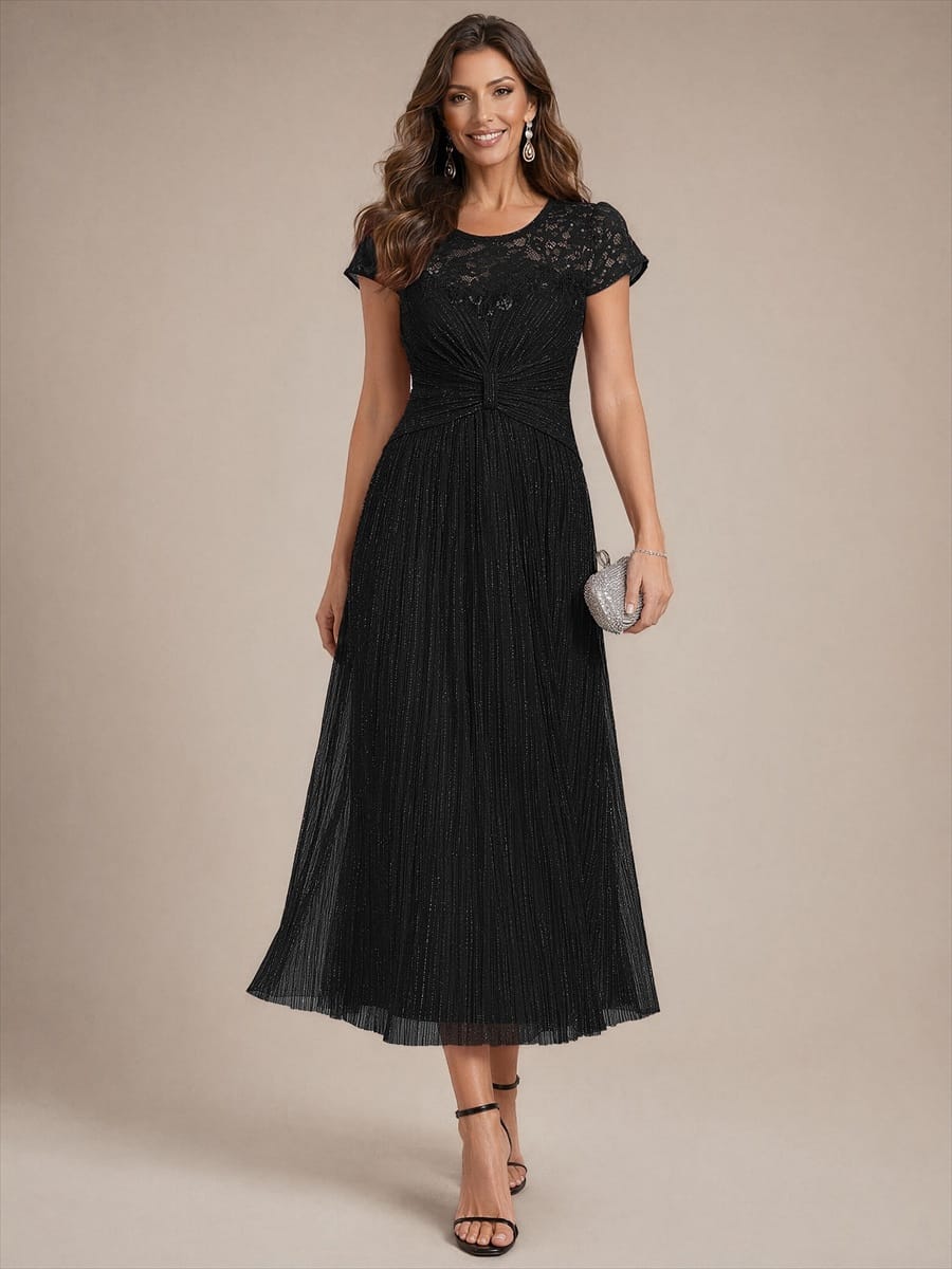 Tulle Cap Sleeve A-line Dress #color_Black
