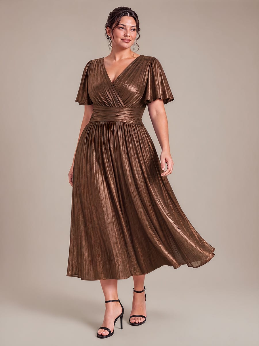 Jersey Tea Length V Neckline Ruffle Sleeves Wedding Guest Dress #color_Chocolate brown