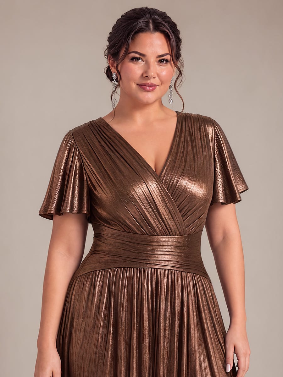 Jersey Tea Length V Neckline Ruffle Sleeves Wedding Guest Dress #color_Chocolate brown