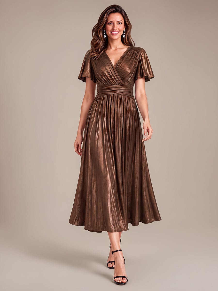 Jersey Tea Length V Neckline Ruffle Sleeves Wedding Guest Dress #color_Chocolate brown