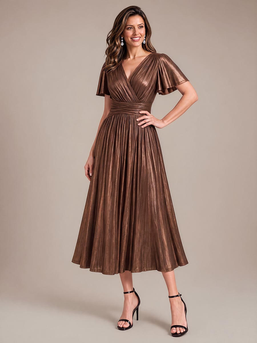 Jersey Tea Length V Neckline Ruffle Sleeves Wedding Guest Dress #color_Chocolate brown