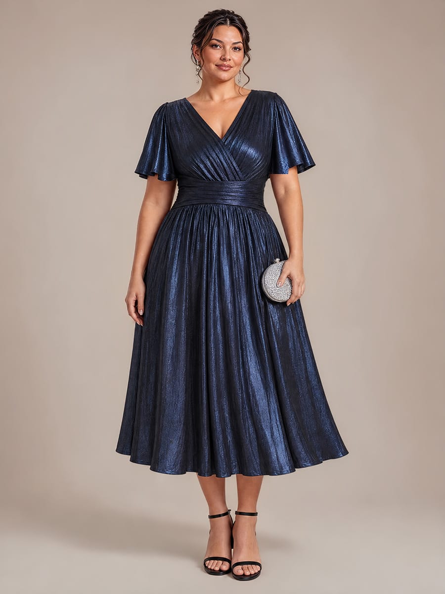 Jersey Tea Length V Neckline Ruffle Sleeves Wedding Guest Dress #color_Navy Blue