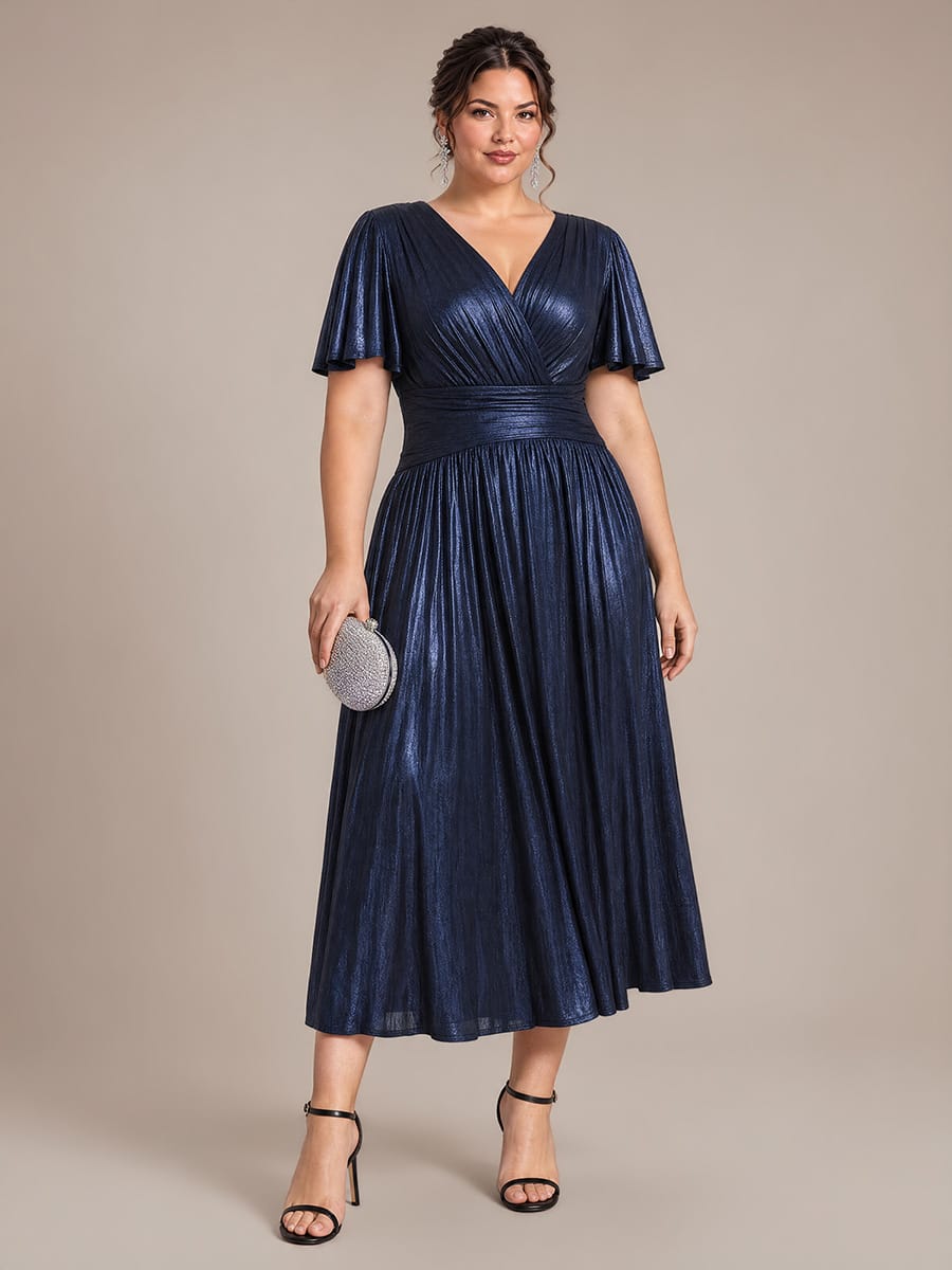 Jersey Tea Length V Neckline Ruffle Sleeves Wedding Guest Dress #color_Navy Blue