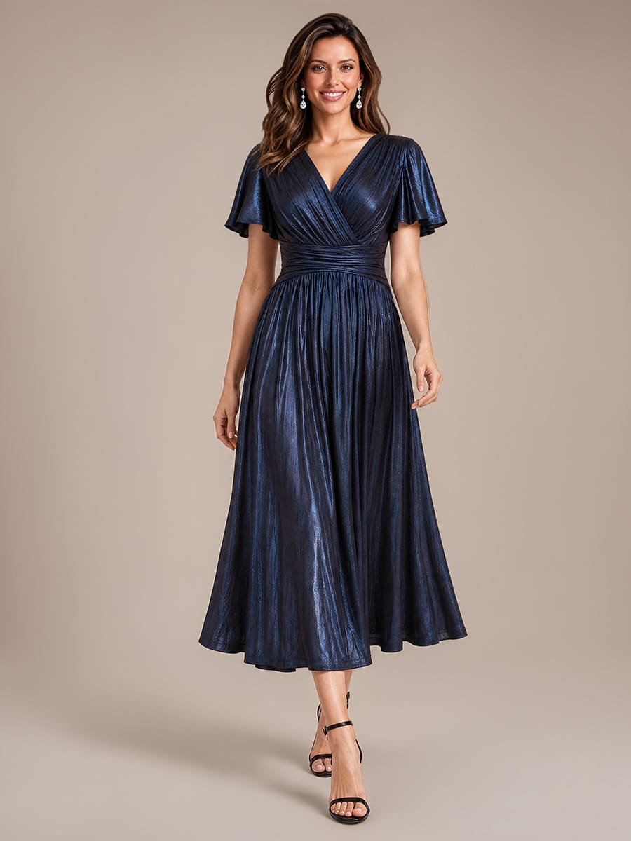 Jersey Tea Length V Neckline Ruffle Sleeves Wedding Guest Dress #color_Navy Blue