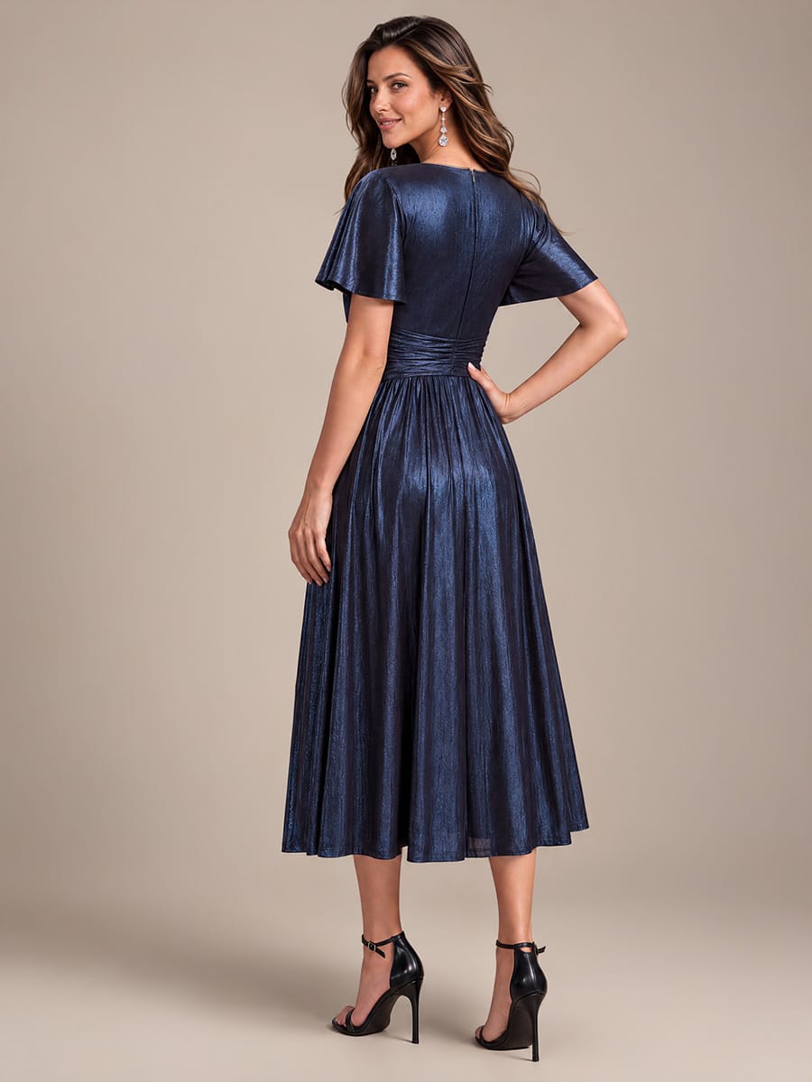 Jersey Tea Length V Neckline Ruffle Sleeves Wedding Guest Dress #color_Navy Blue