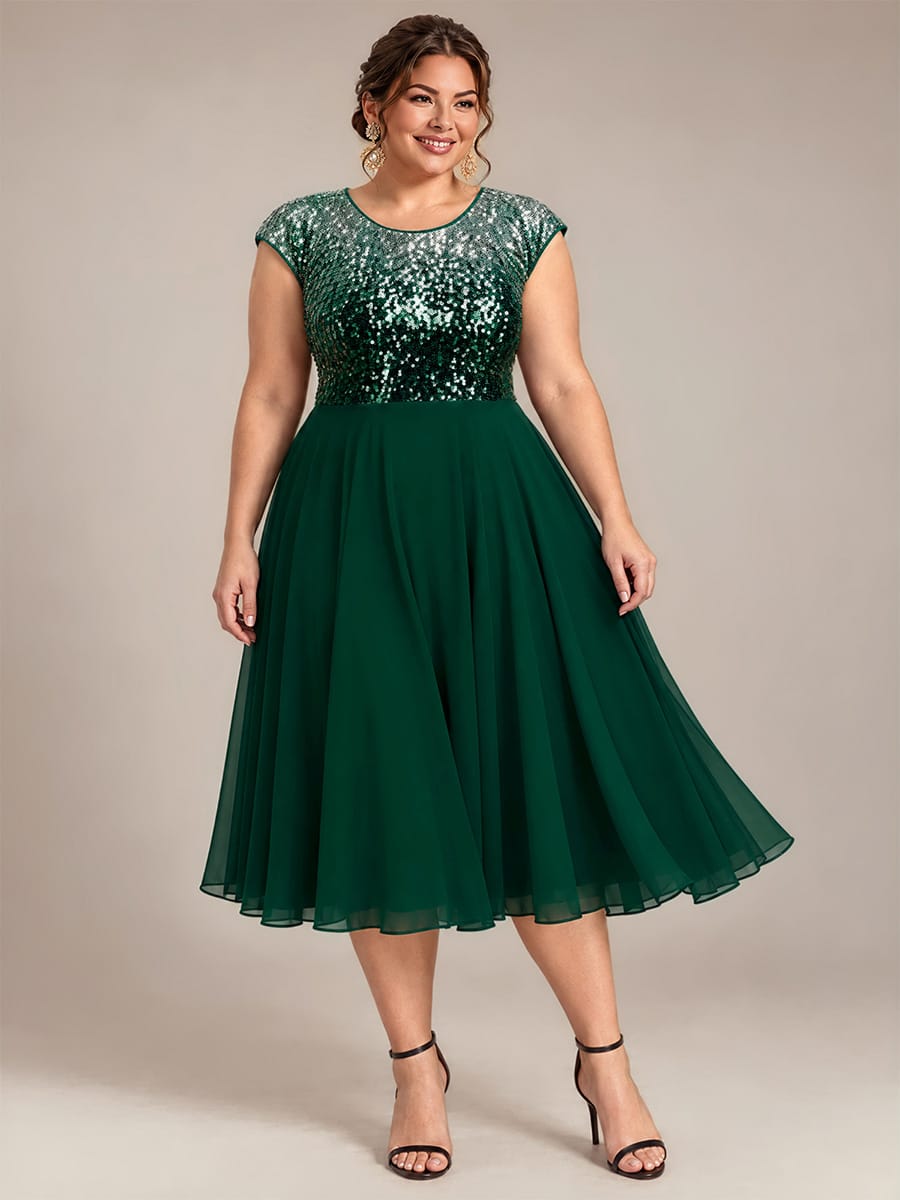 Sequin Tea Length Round Neckline Cap Sleeves Wedding Guest Dress #color_Green Silver