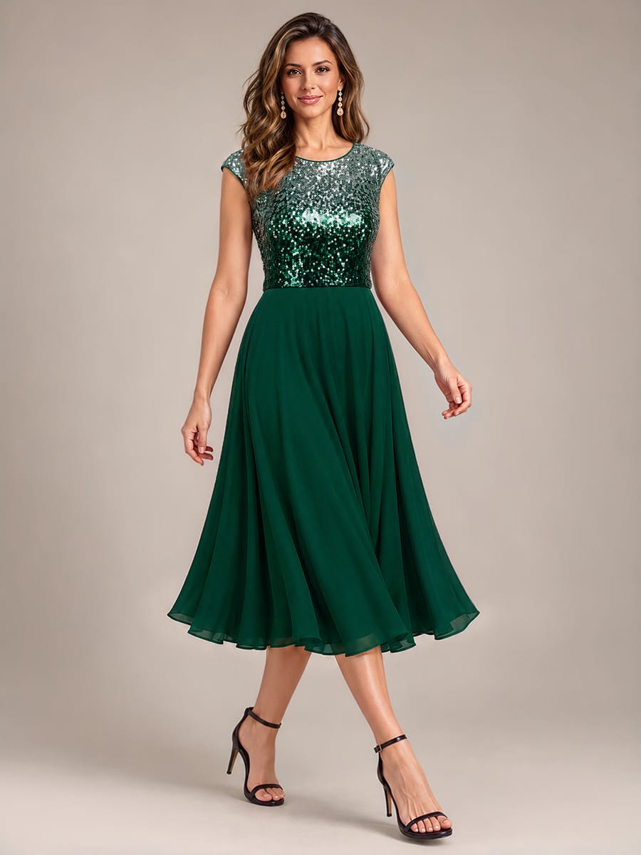 Sequin Tea Length Round Neckline Cap Sleeves Wedding Guest Dress #color_Green Silver