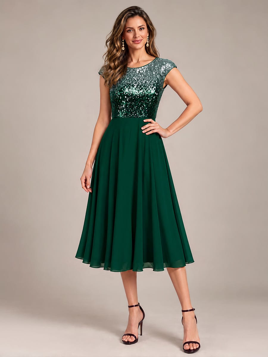 Sequin Tea Length Round Neckline Cap Sleeves Wedding Guest Dress #color_Green Silver