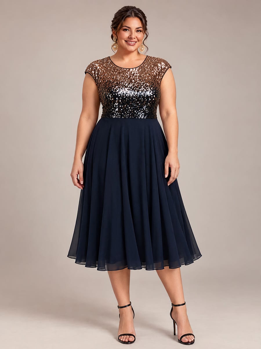 Sequin Tea Length Round Neckline Cap Sleeves Wedding Guest Dress #color_Navy Champagne
