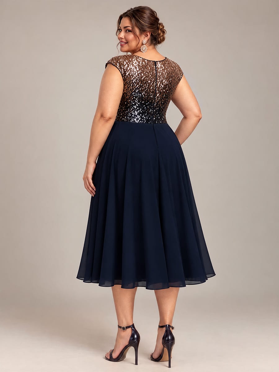 Sequin Tea Length Round Neckline Cap Sleeves Wedding Guest Dress #color_Navy Champagne