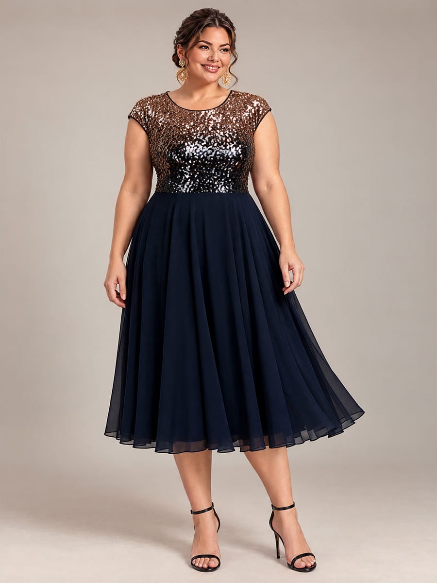 Sequin Tea Length Round Neckline Cap Sleeves Wedding Guest Dress #color_Navy Champagne