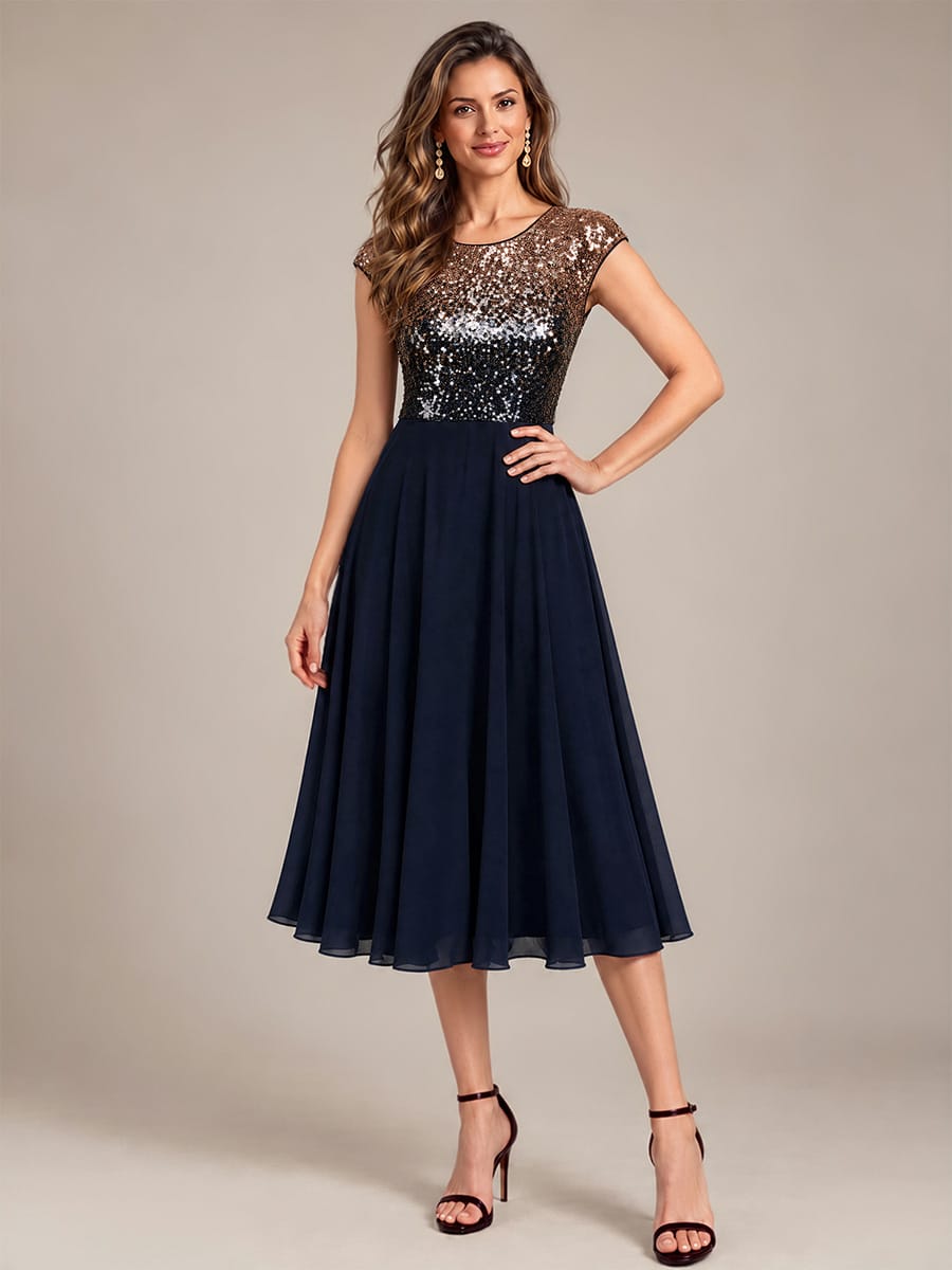 Sequin Tea Length Round Neckline Cap Sleeves Wedding Guest Dress #color_Navy Champagne