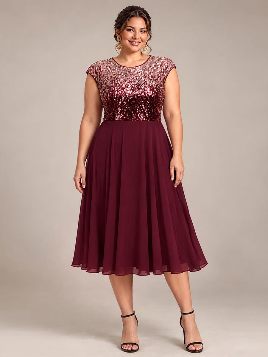 Sequin Tea Length Round Neckline Cap Sleeves Wedding Guest Dress #color_Burgundy Pink