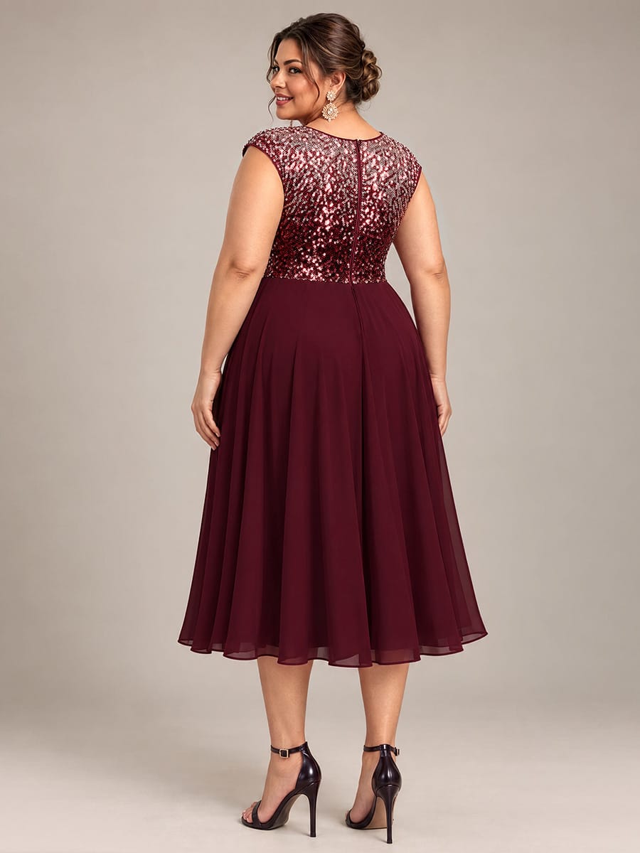 Sequin Tea Length Round Neckline Cap Sleeves Wedding Guest Dress #color_Burgundy Pink