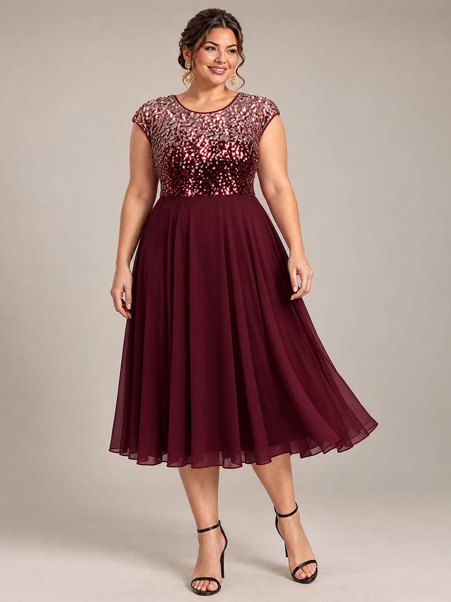 Sequin Tea Length Round Neckline Cap Sleeves Wedding Guest Dress #color_Burgundy Pink