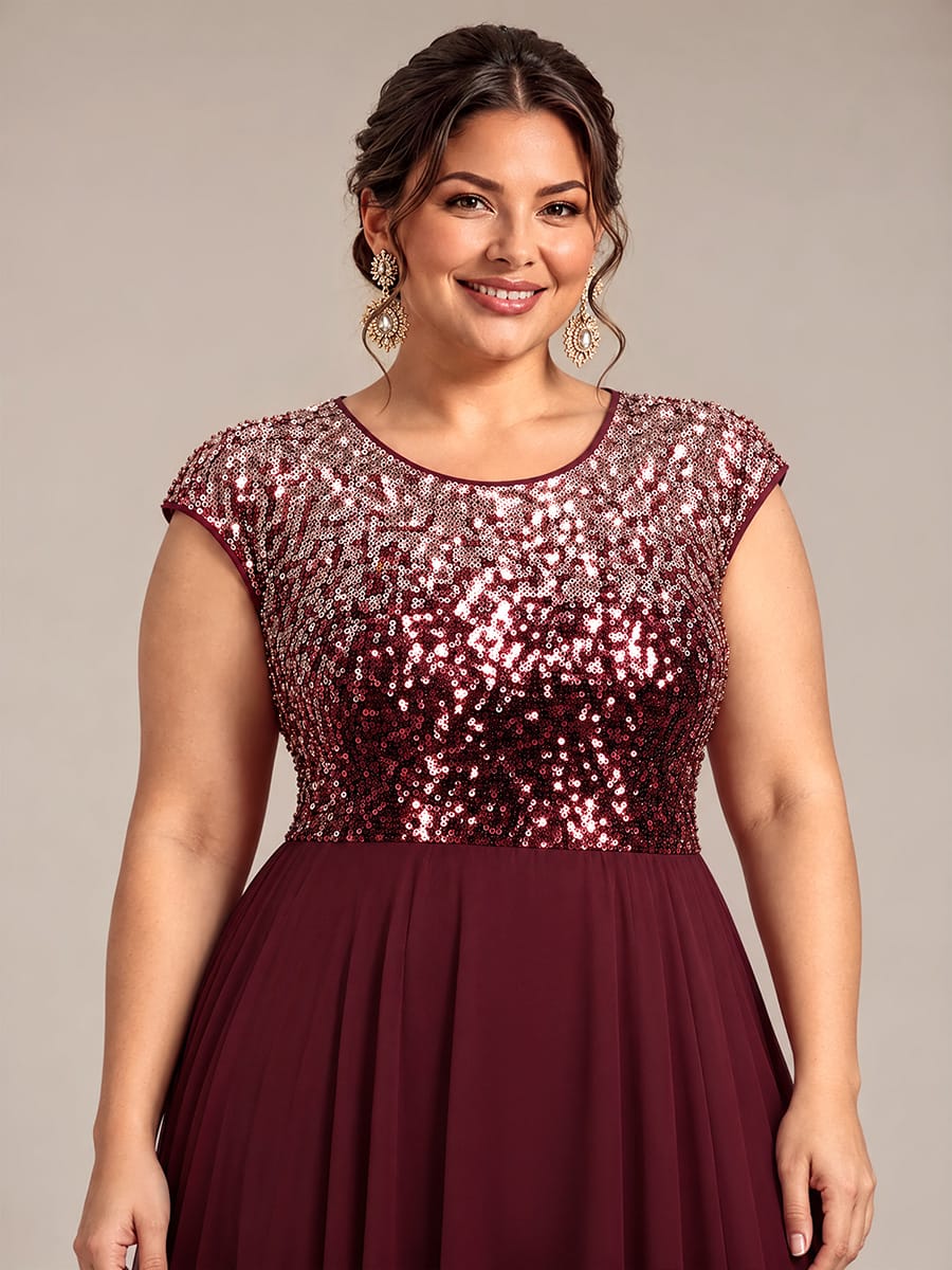 Sequin Tea Length Round Neckline Cap Sleeves Wedding Guest Dress #color_Burgundy Pink