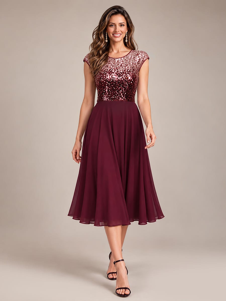 Sequin Tea Length Round Neckline Cap Sleeves Wedding Guest Dress #color_Burgundy Pink