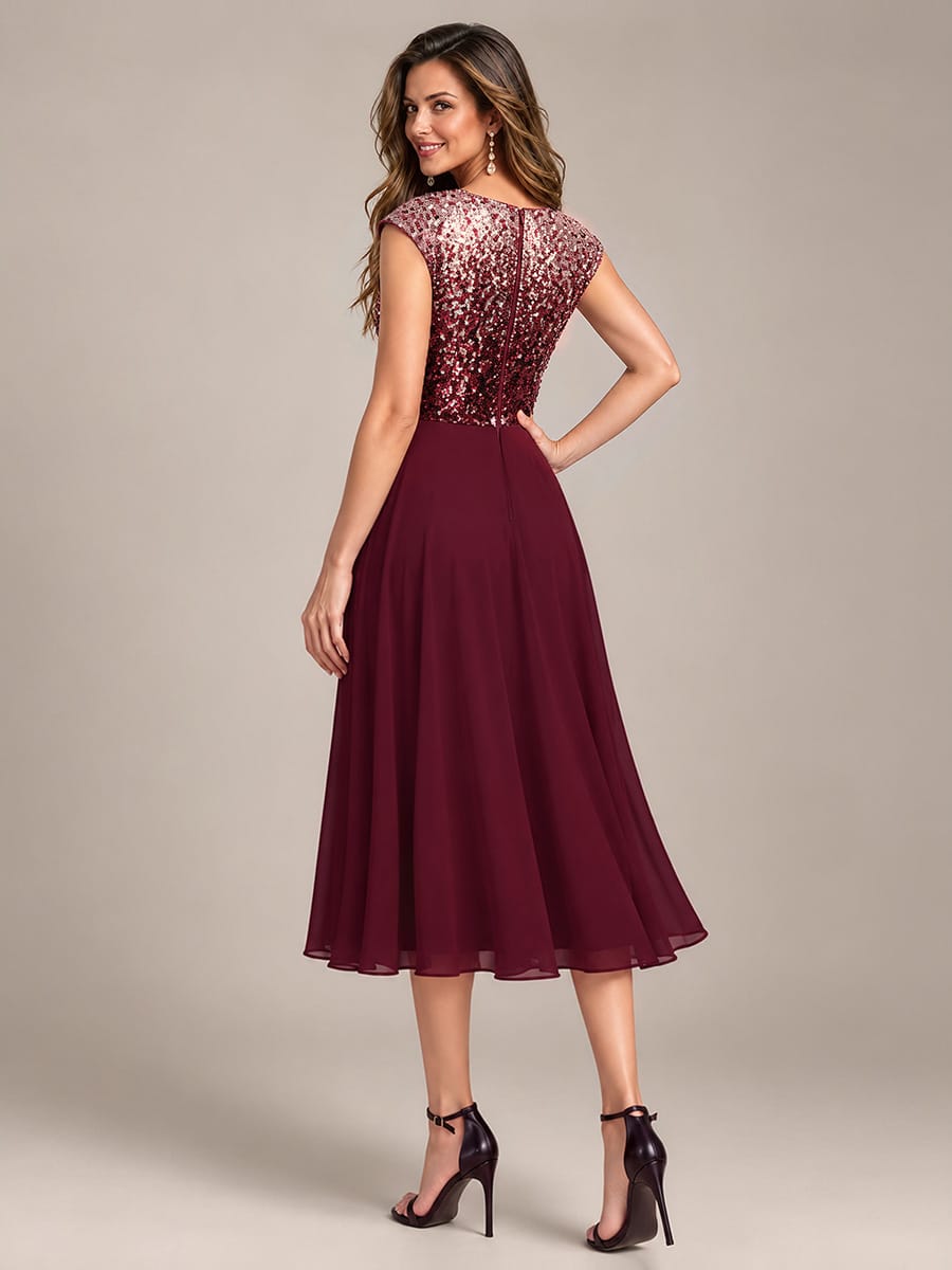 Sequin Tea Length Round Neckline Cap Sleeves Wedding Guest Dress #color_Burgundy Pink