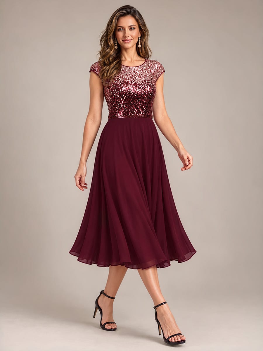 Sequin Tea Length Round Neckline Cap Sleeves Wedding Guest Dress #color_Burgundy Pink