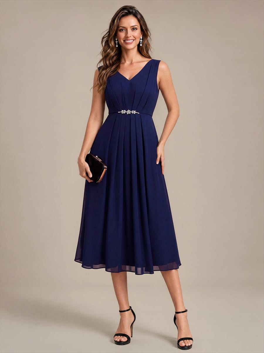 Chiffon Sleeveless Full Skirt Dress #color_Navy Blue