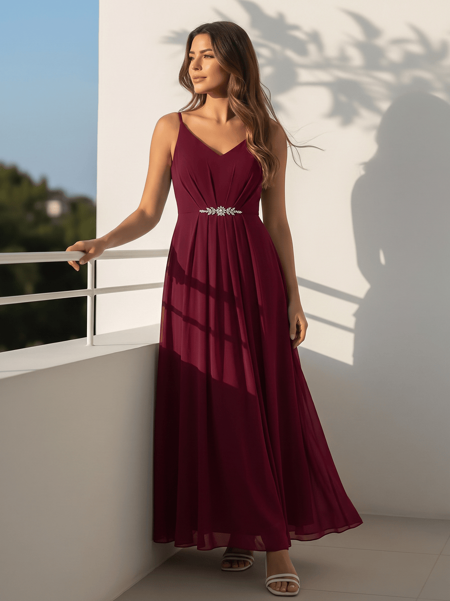 Chiffon Ankle Length V Neckline Sleeveless Wedding Guest Dress #color_Burgundy