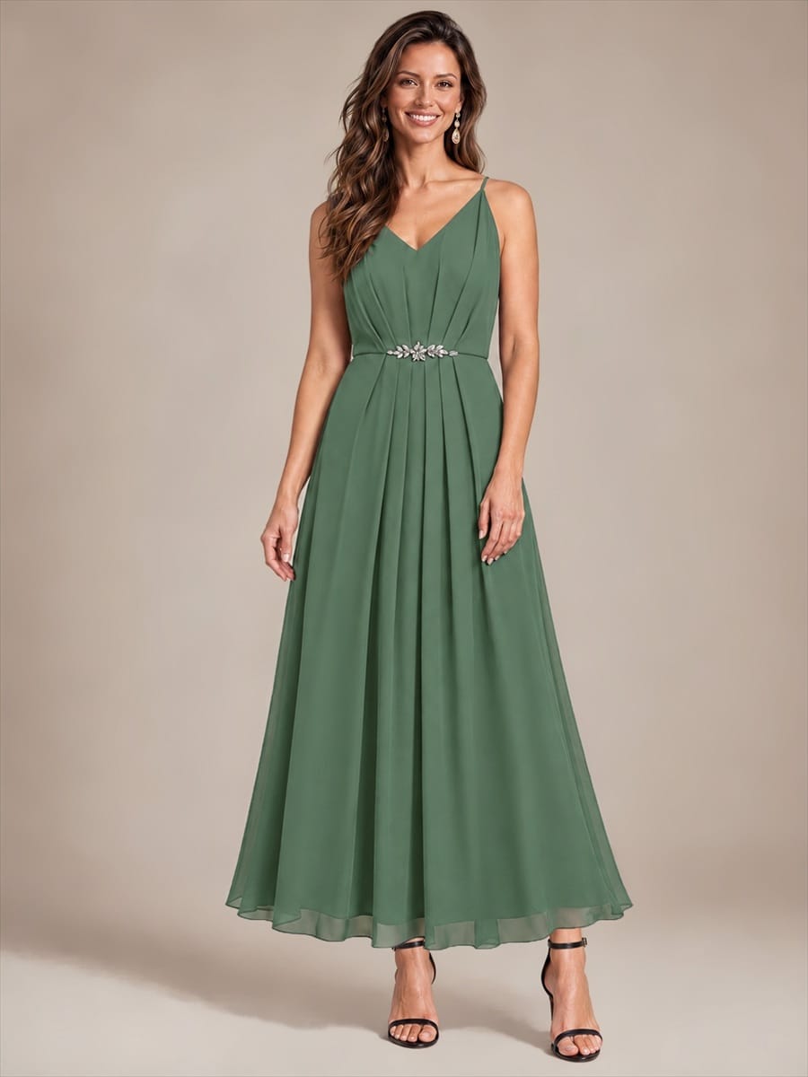 Chiffon Ankle Length V Neckline Sleeveless Wedding Guest Dress #color_Eucalyptus Green