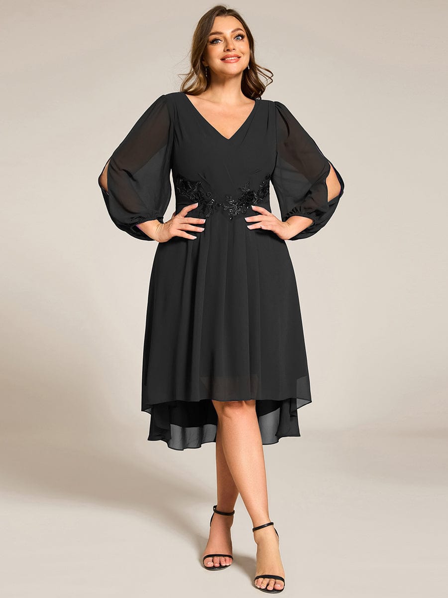 High-Low Chiffon Midi Wedding Guest Dress with Waist Applique and Long Sleeves #color_Black