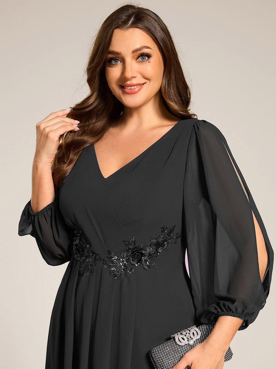 High-Low Chiffon Midi Wedding Guest Dress with Waist Applique and Long Sleeves #color_Black