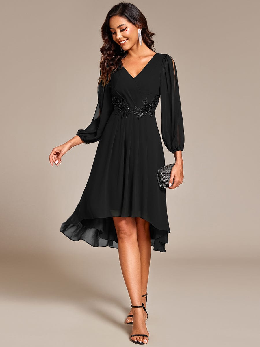 Elegant Long Sleeve Chiffon Midi Wedding Guest Dress