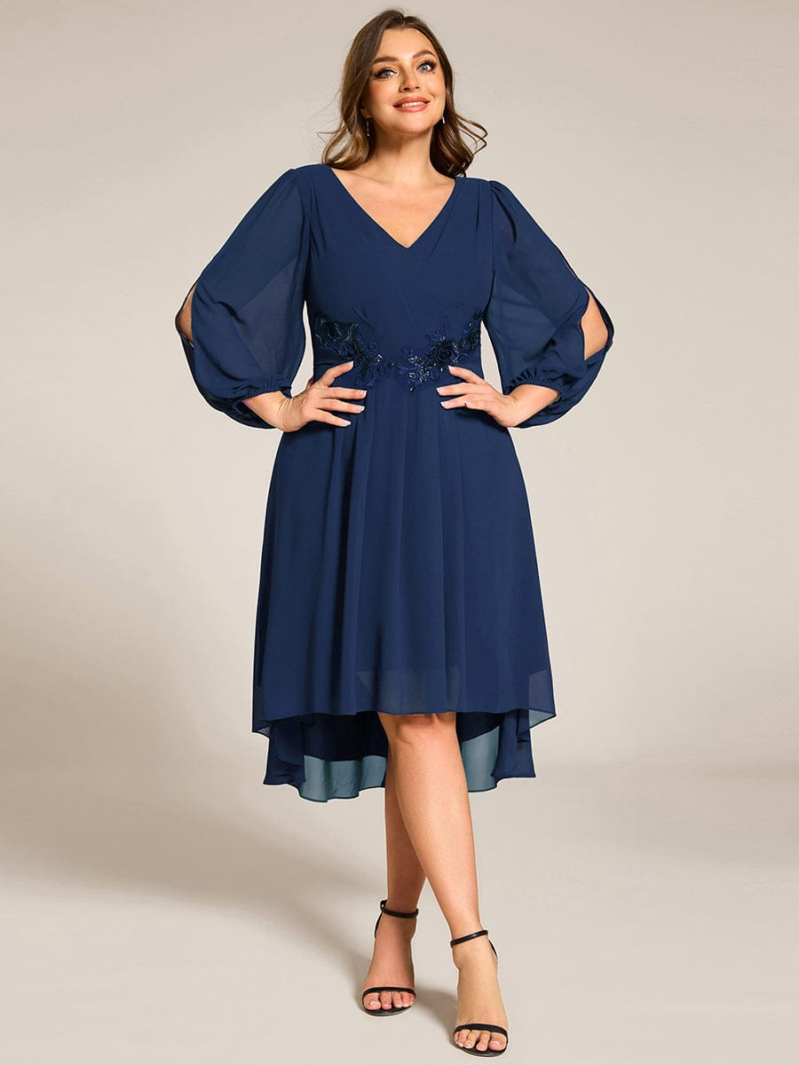 High-Low Chiffon Midi Wedding Guest Dress with Waist Applique and Long Sleeves #color_Navy Blue
