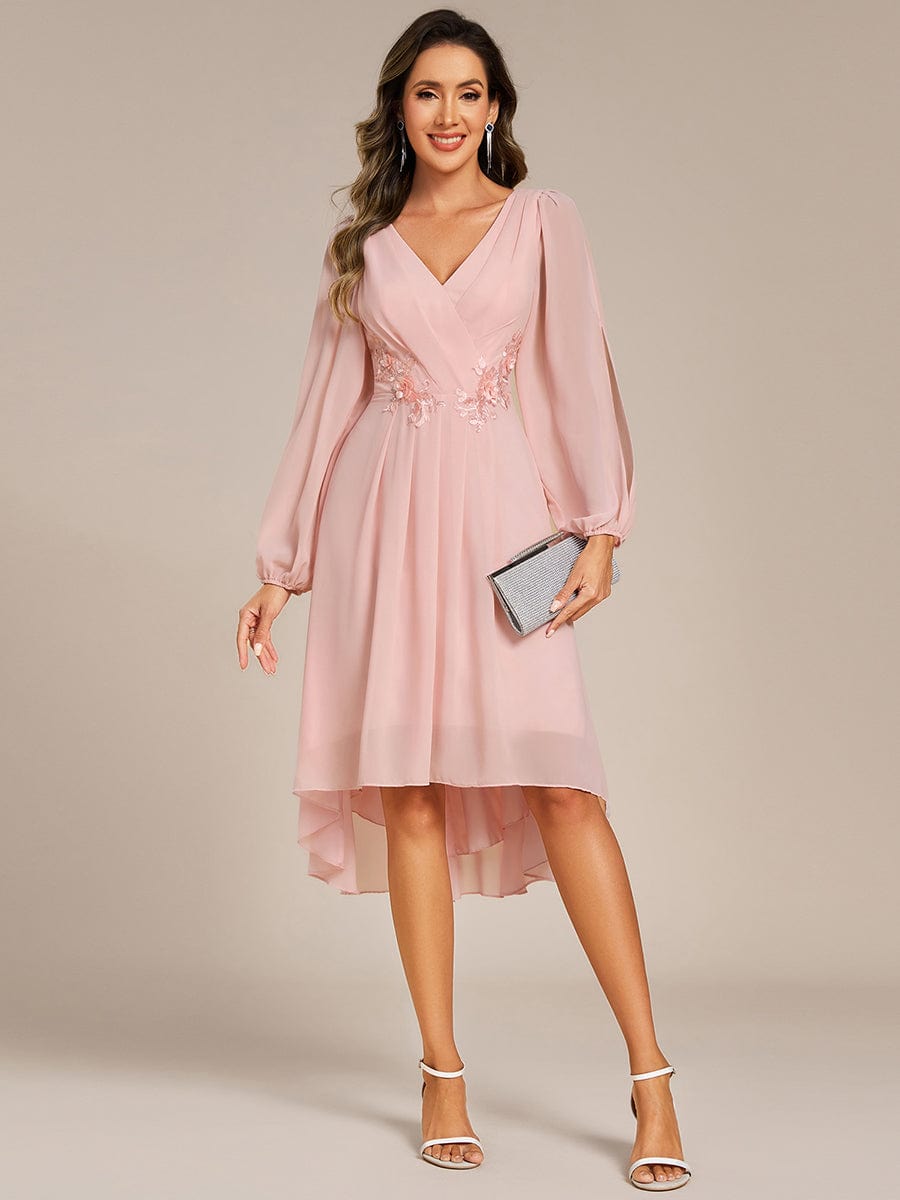 High-Low Chiffon Midi Wedding Guest Dress with Waist Applique and Long Sleeves #color_Pink