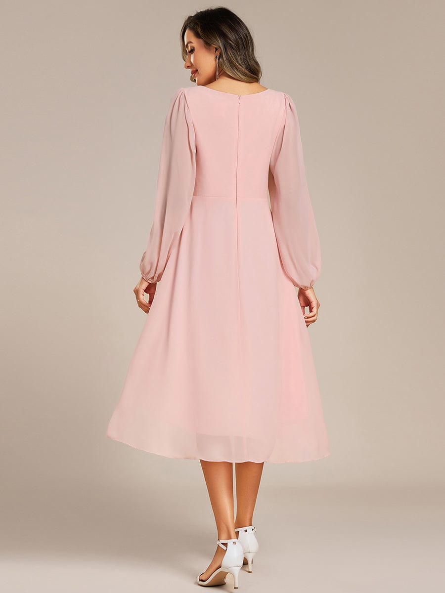 High-Low Chiffon Midi Wedding Guest Dress with Waist Applique and Long Sleeves #color_Pink