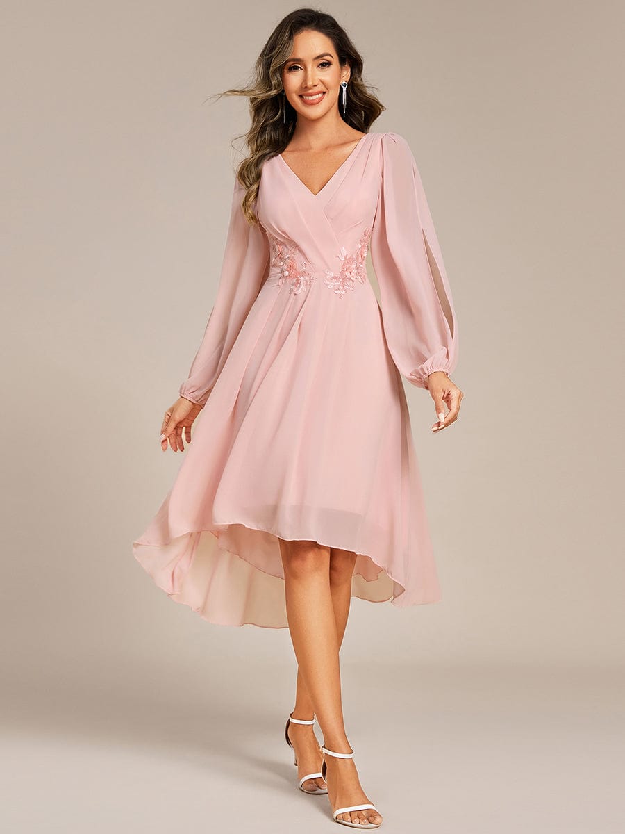 High-Low Chiffon Midi Wedding Guest Dress with Waist Applique and Long Sleeves #color_Pink