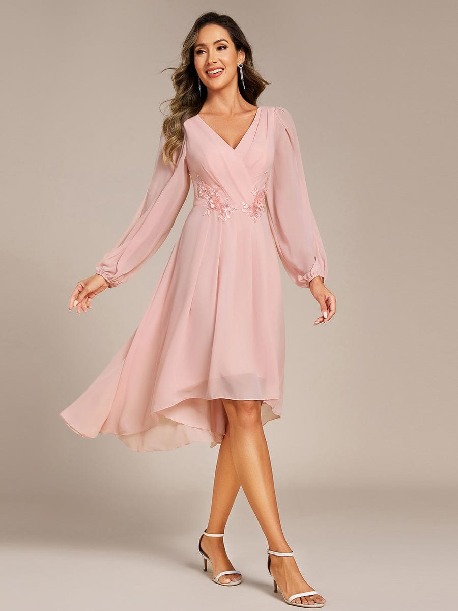 High-Low Chiffon Midi Wedding Guest Dress with Waist Applique and Long Sleeves #color_Pink