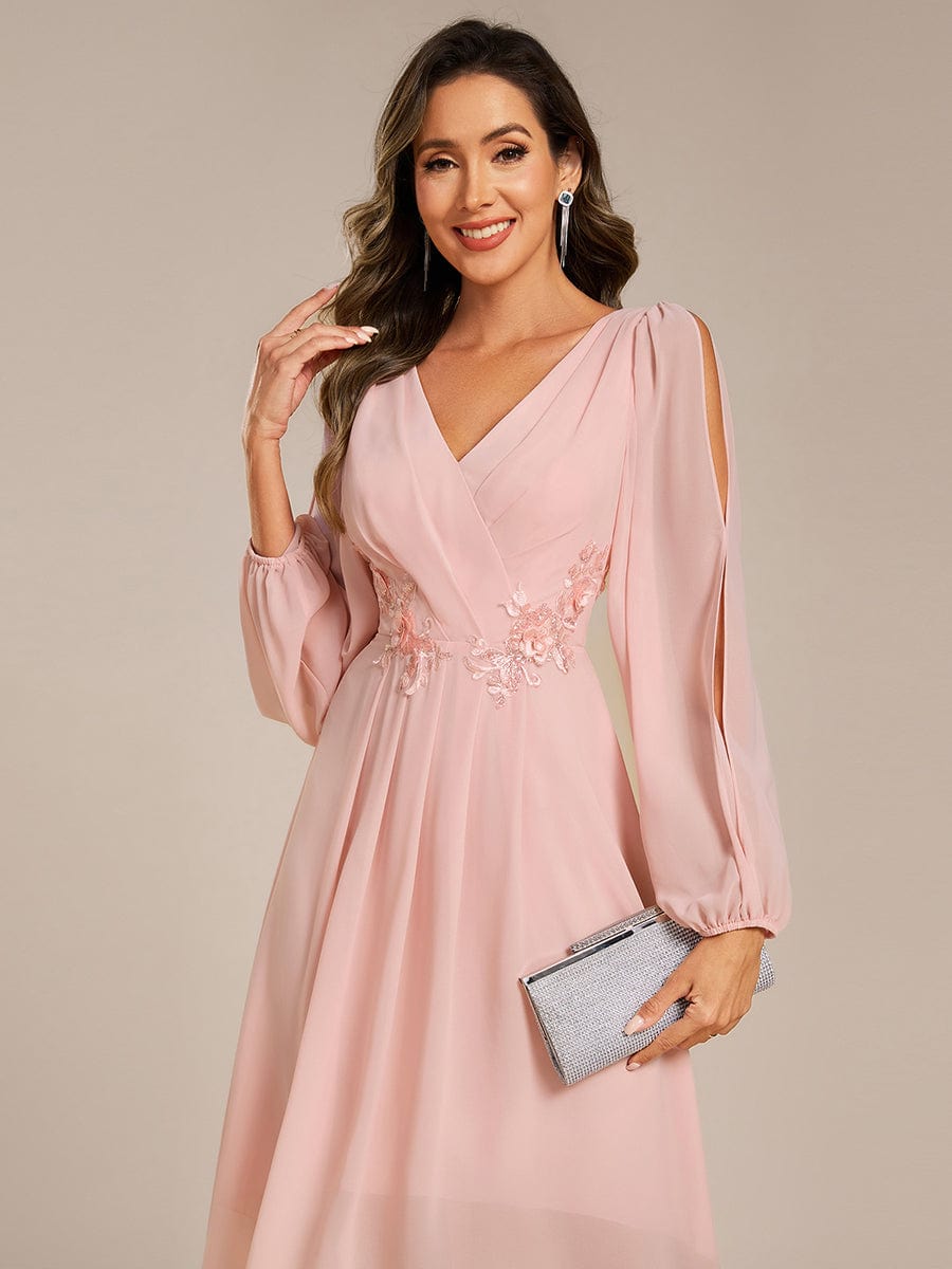 High-Low Chiffon Midi Wedding Guest Dress with Waist Applique and Long Sleeves #color_Pink