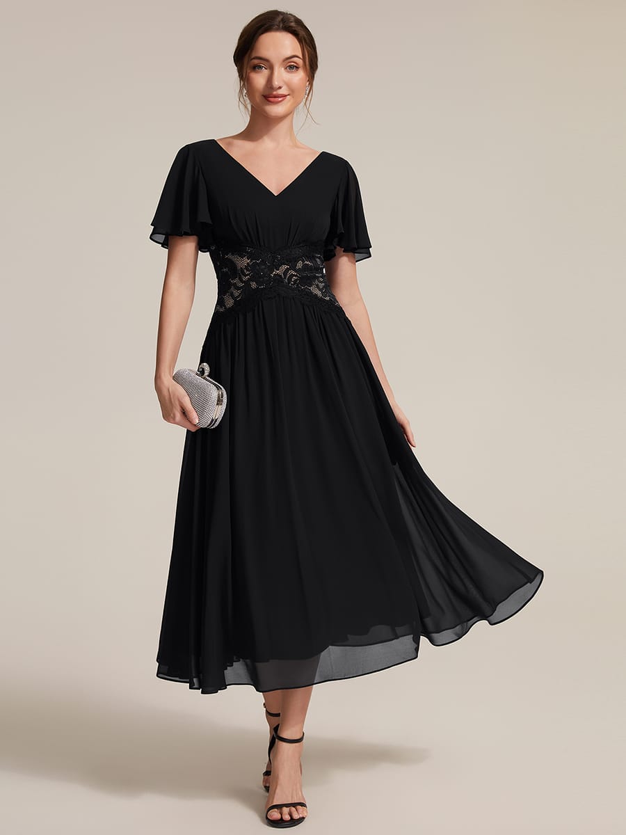 Ruffled Chiffon Ruffle Sleeve Dress #color_Black