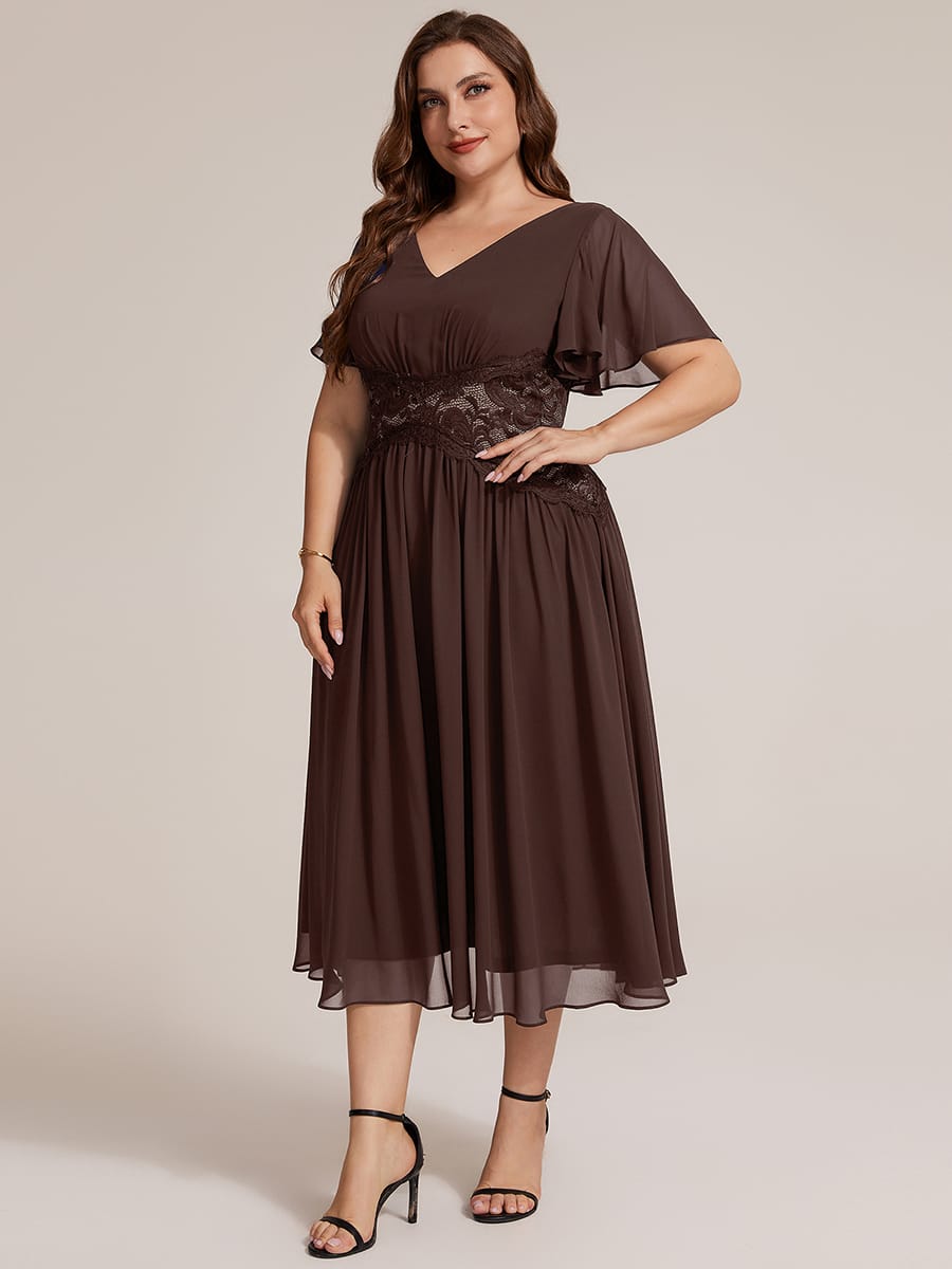Ruffled Chiffon Ruffle Sleeve Dress #color_Chocolate brown