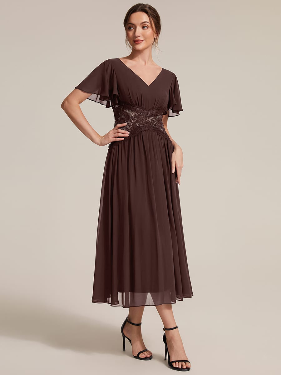 Ruffled Chiffon Ruffle Sleeve Dress #color_Chocolate brown