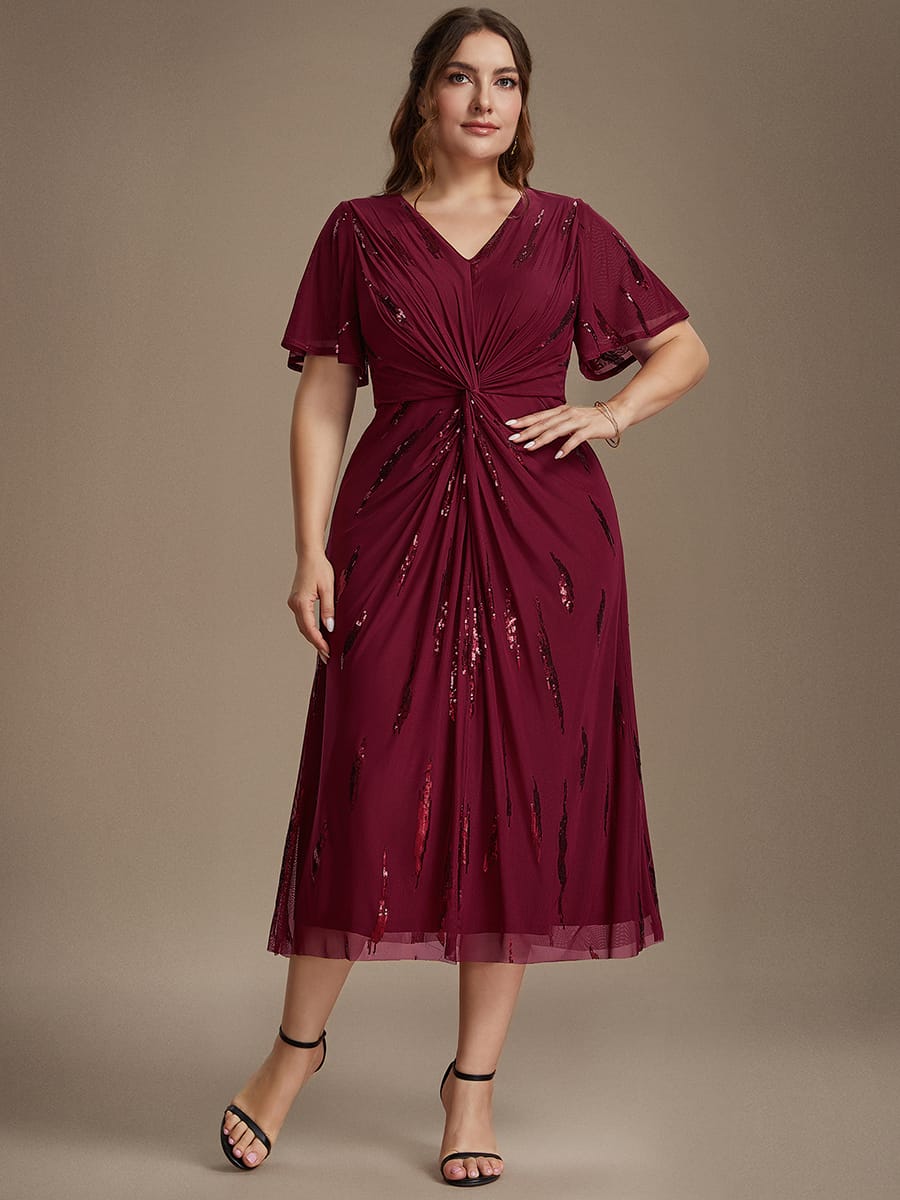 Sequin Tulle Ruffle Sleeve Dress #color_Burgundy