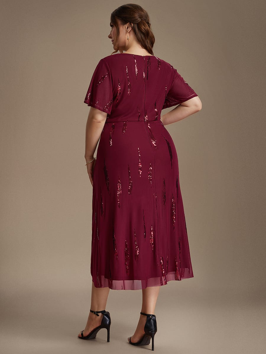 Sequin Tulle Ruffle Sleeve Dress #color_Burgundy