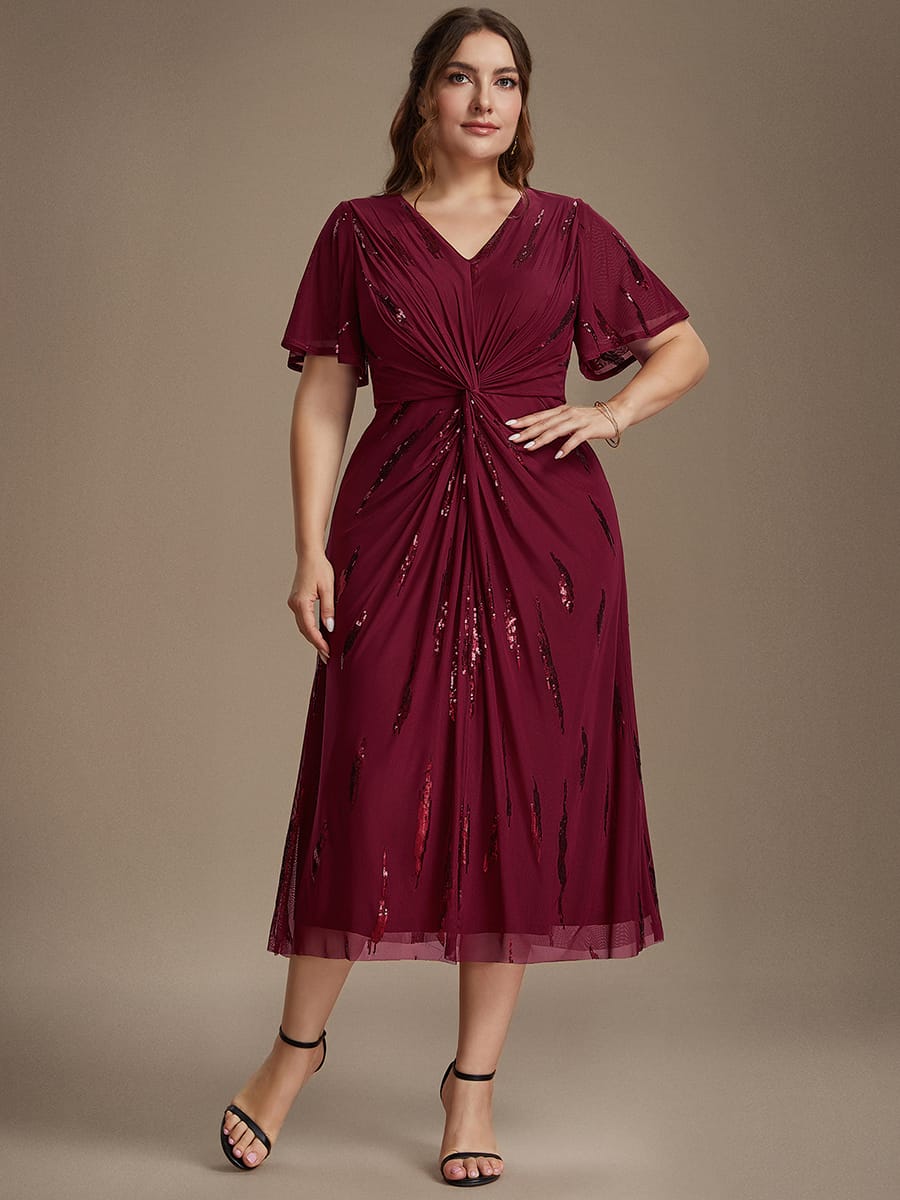 Sequin Tulle Ruffle Sleeve Dress #color_Burgundy