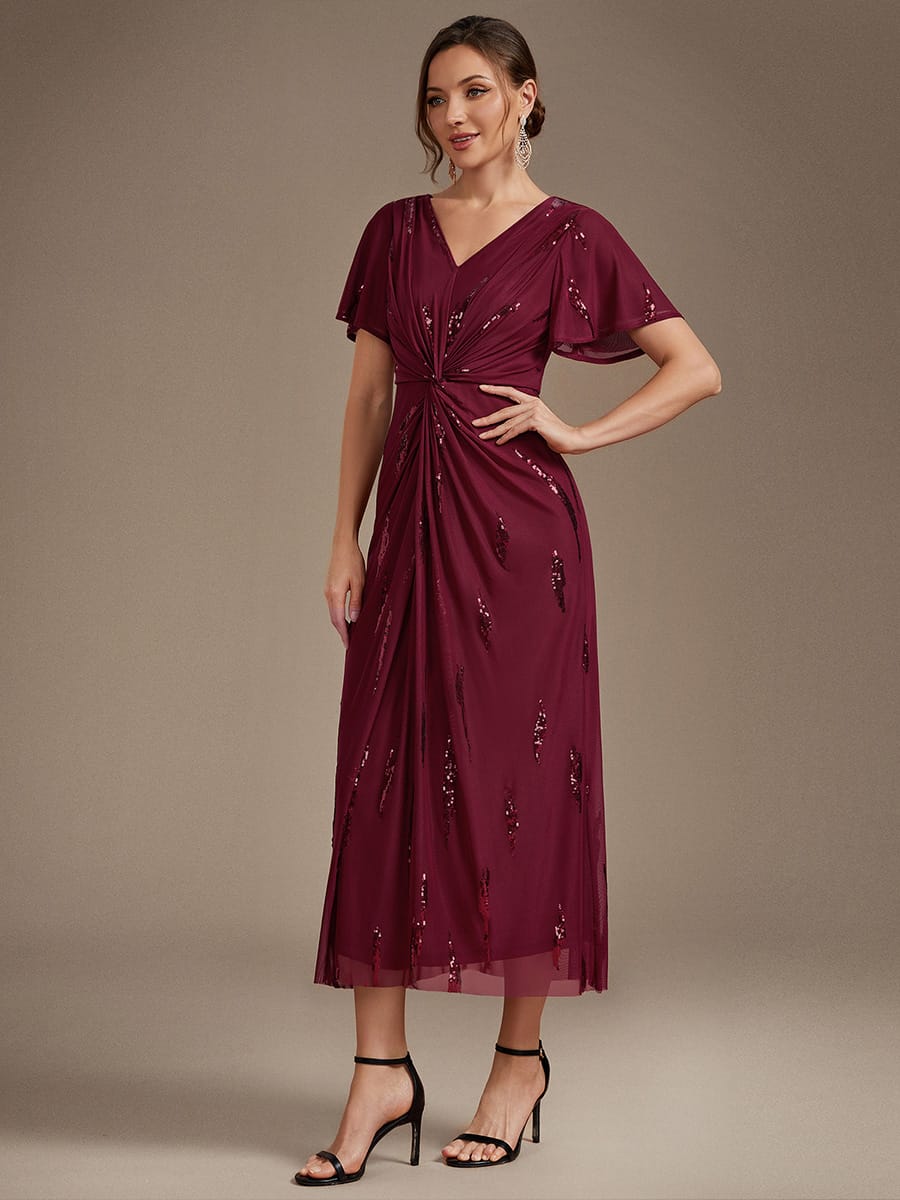 Sequin Tulle Ruffle Sleeve Dress #color_Burgundy