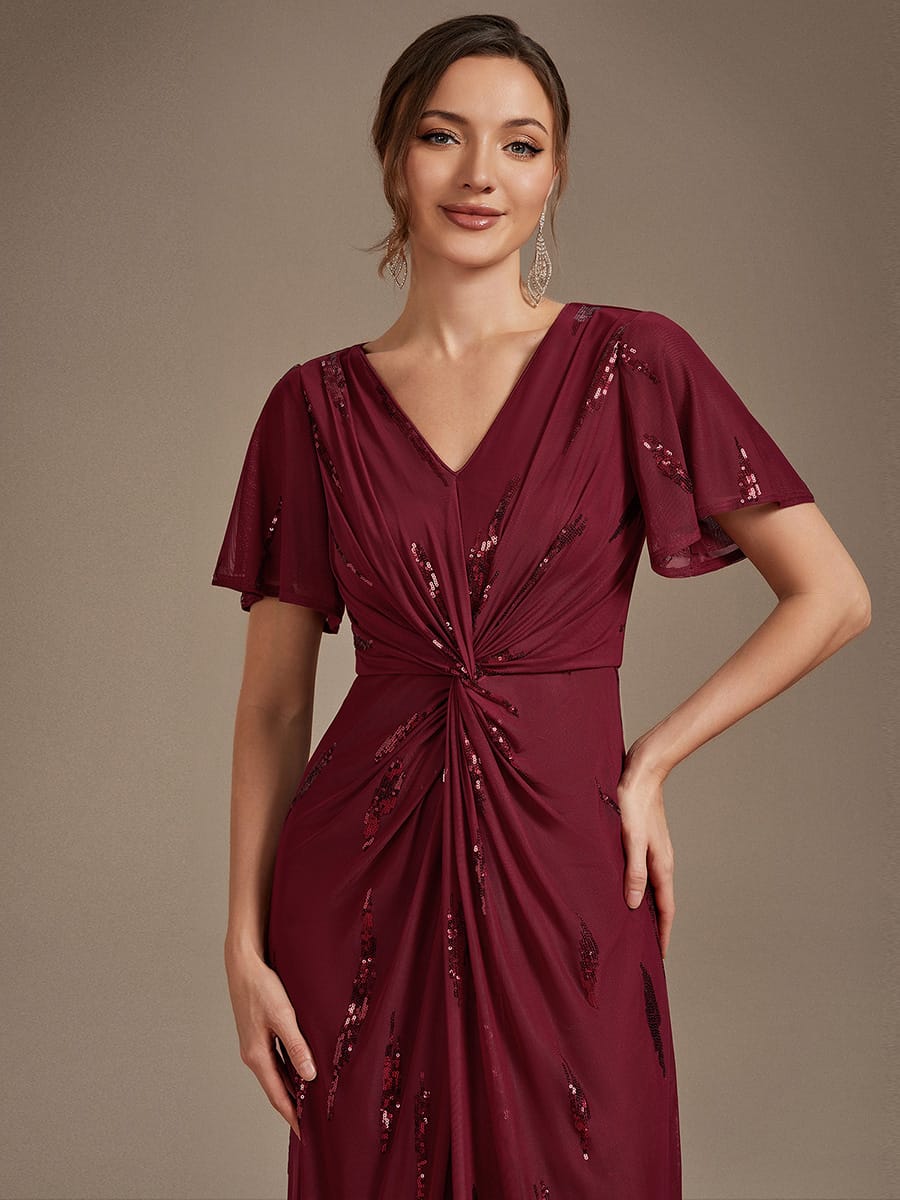 Sequin Tulle Ruffle Sleeve Dress #color_Burgundy