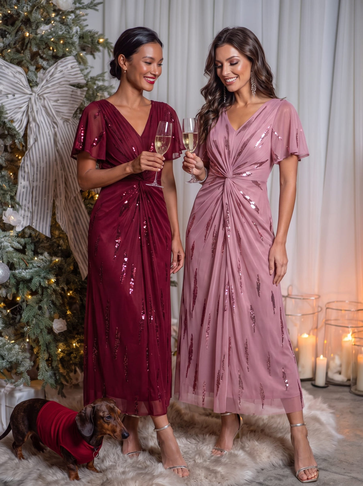Sequin Tulle Ruffle Sleeve Dress #color_Burgundy