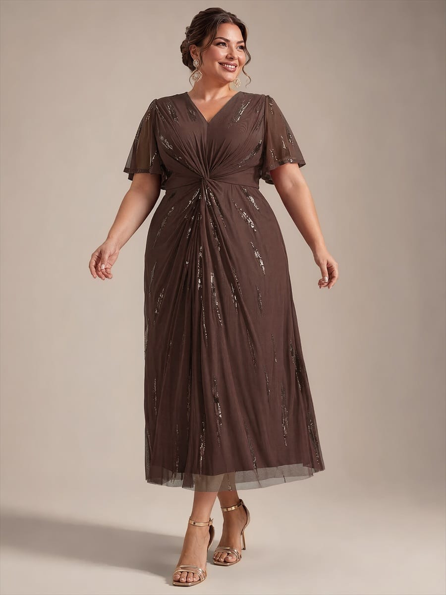 Sequin Tulle Ruffle Sleeve Dress #color_Chocolate brown